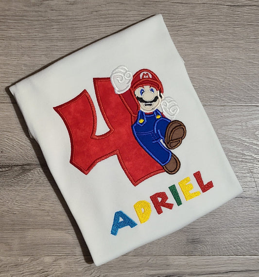 Mario Birthday Shirt, Mario Custom kids Birthday Shirt, Mario Applique Embroidered T-Shirt, Personalized T-Shirt