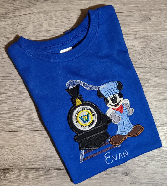 Disney Train Mickey Mouse Vacation Applique Shirt, Mickey Mouse Embroidered Custom Kids Shirt, Disney Applique Embroidered T-Shirt, Personalized T-Shirt