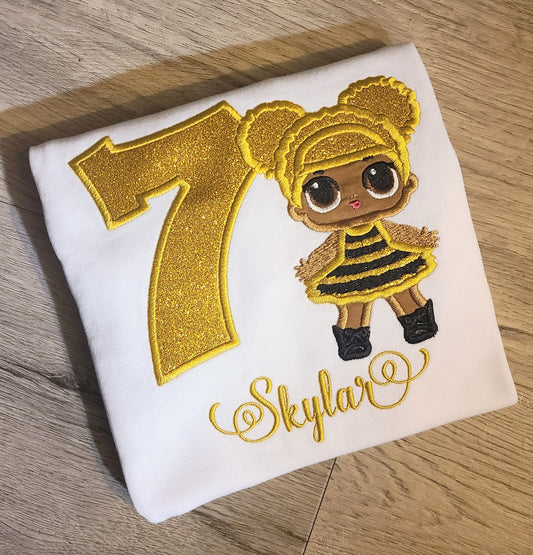 Doll Birthday Shirt, Doll Applique Birthday Shirt, Doll Applique Embroidered T-Shirt, Personalized T-Shirt