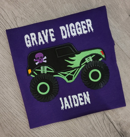 Monster Truck Applique Shirt, Grave Digger Embroidered Custom Kids Shirt, Monster Truck Applique Embroidered T-Shirt, Personalized T-Shirt