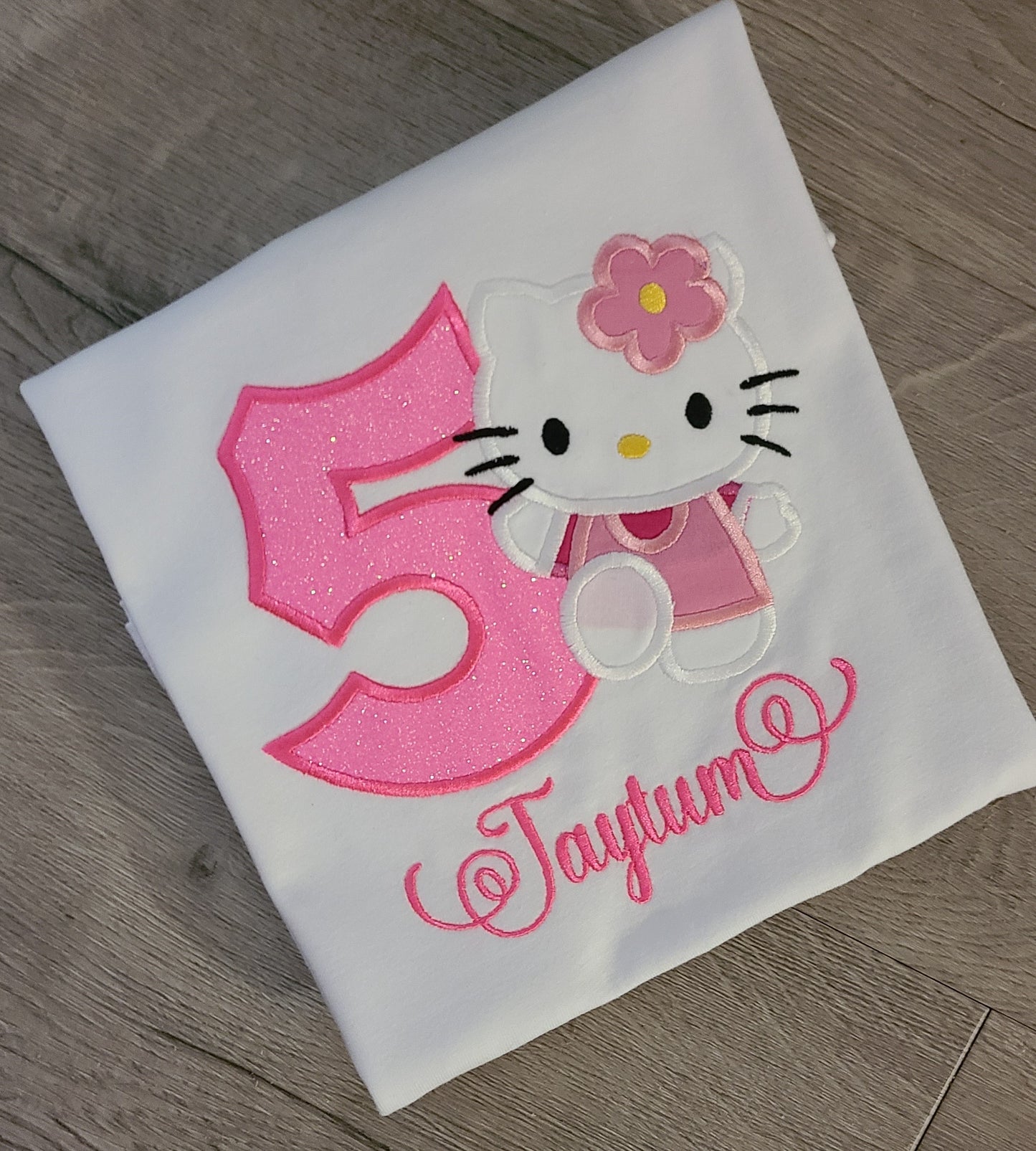 Kitty Birthday Shirt, White kitty Custom kids Shirt, Number Shirt, Applique Embroidered T-Shirt, Personalized T-Shirt