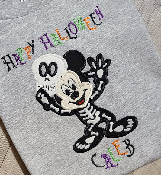 Mickey Mouse Skeleton Halloween Vacation Applique T-shirt, Mickey Skeleton Halloween Embroidered Custom Kids Shirt, Disney Applique Embroidered T-Shirt, Personalized T-Shirt