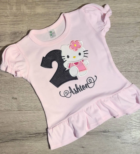 Kitty Birthday Shirt, White kitty Custom kids Shirt, Number Shirt, Applique Embroidered T-Shirt, Personalized T-Shirt