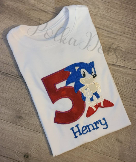 Sonic Birthday Shirt, Hedgehog Custom kids Shirt, Sonic Applique Embroidered T-Shirt, Personalized T-Shirt