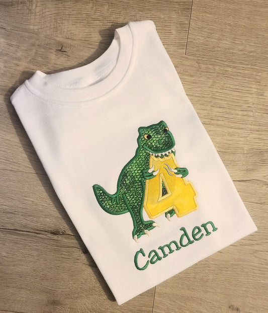 T-rex Dinosaur Birthday Shirt, Dinosaur Custom kids Shirt, Dinosaur Number Shirt, Applique Embroidered T-Shirt, Personalized T-Shirt