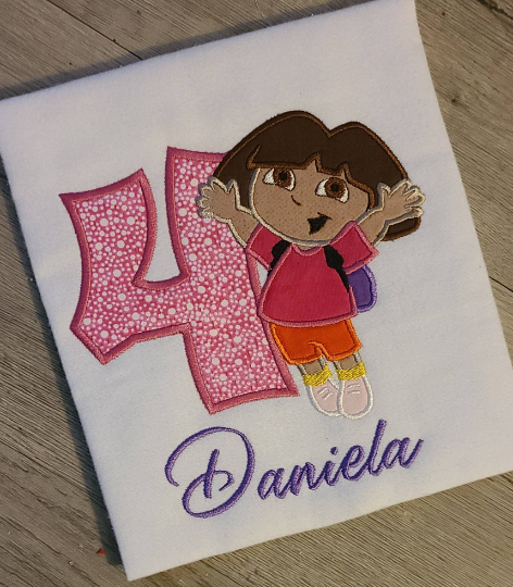 Dora Birthday Shirt, Dora Custom kids Shirt, Birthday Number Shirt, Applique Embroidered T-Shirt, Personalized T-Shirt