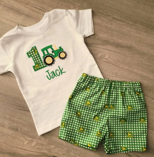 John Deere Birthday Shirt with matching shorts, John Deere Birthday Shirt, Birthday Shorts, Applique T-Shirt, Personalized T-Shirt