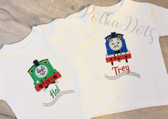 Day out with Thomas Applique Shirt, Thomas Embroidered Custom Kids Shirt, Percy Applique Embroidered T-Shirt, Personalized T-Shirt