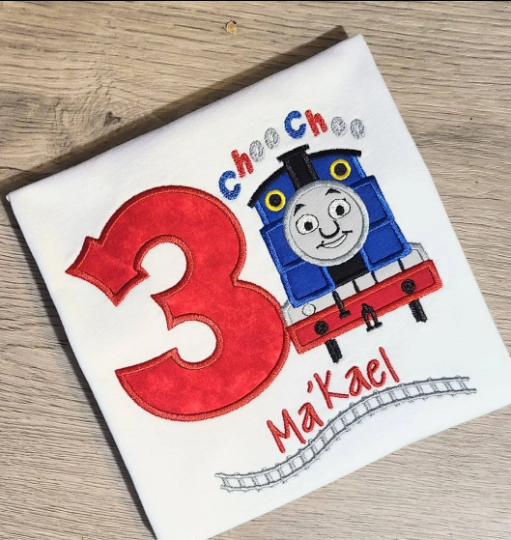 Choo Choo Thomas Birthday Shirt, Thomas Custom kids Shirt, Thomas Applique Embroidered T-Shirt, Personalized T-Shirt