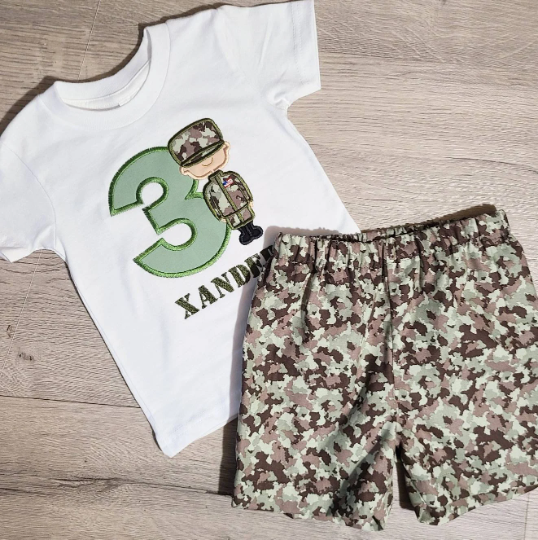 Military Soldier Birthday Shirt and shorts, Soldier Birthday Shirt, Military Soldier Birthday Shorts, Applique T-Shirt, Personalized T-Shirt