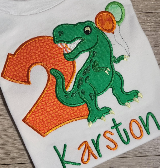 Dinosaur Birthday Shirt, T-Rex Dinosaur Custom Kids Shirt, Dinosaur Applique Embroidered T-Shirt, Personalized T-Shirt