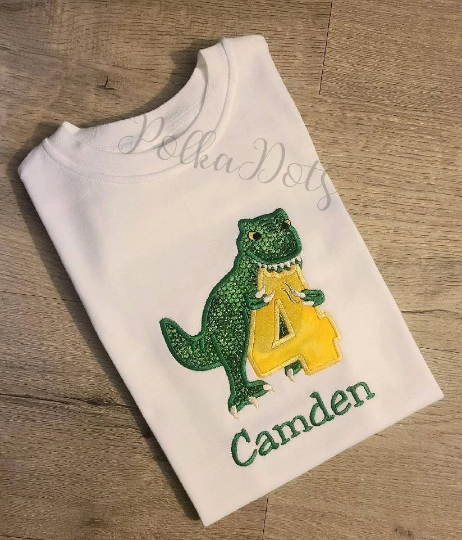 T-Rex Birthday Shirt, T-Rex Dinosaur Custom Kids Shirt, Dinosaur Applique Embroidered T-Shirt, Personalized T-Shirt