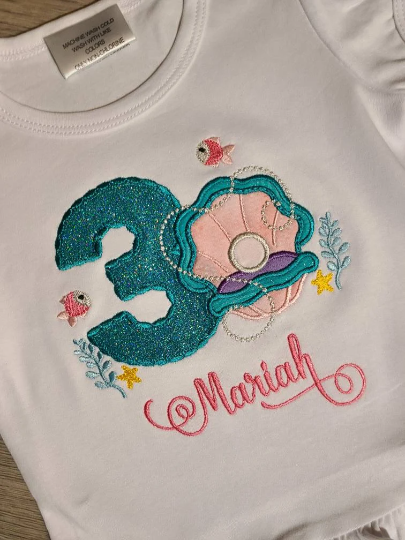 Clam Shell Birthday Shirt, Glitter Number Clam Shell Custom kids Shirt, Clam Shell with pearls Applique Embroidered T-Shirt, Personalized T-Shirt