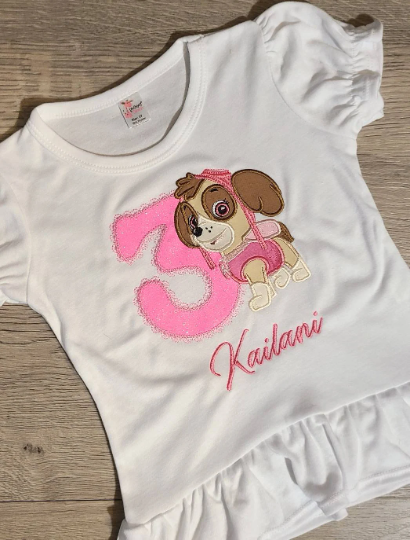 Sky Puppy Birthday Shirt, Sky Custom kids Shirt, Birthday Number Shirt, Applique Embroidered T-Shirt, Personalized T-Shirt