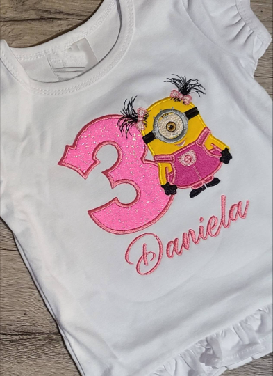 Girl Minon Birthday Shirt, Girl Minon Custom kids Shirt, Number Shirt, Applique Embroidered T-Shirt, Personalized T-Shirt