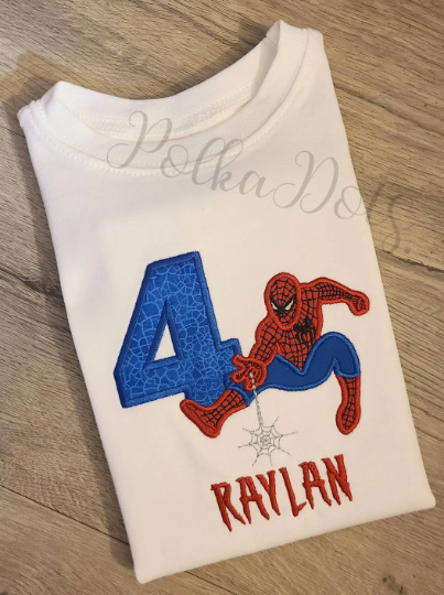 Spiderman Birthday Shirt, Spiderman Custom kids Shirt, Number Shirt, Applique Embroidered T-Shirt, Personalized T-Shirt